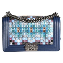 Chanel Limited Edition Navy Blue Leather & Mosaic Medium Boy Bag