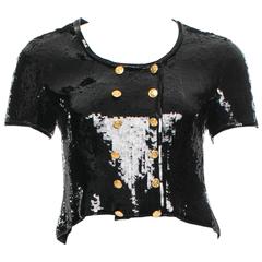 Chanel Black Sequin Silk Gold Button Shrug Bolero Evening Cocktail Jacket Top