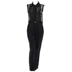 Chanel Black Sheer Metallic Jacquard Camellia Print Sleeveless Jumpsuit