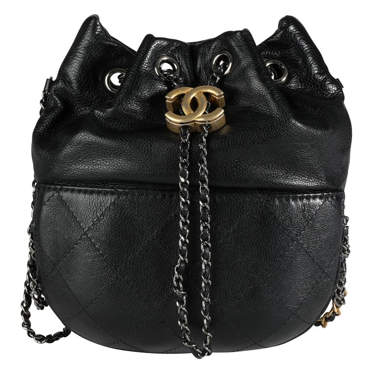 Vintage Chanel Black Satin and Leather Drawstring Bucket Bag For Sale at  1stDibs