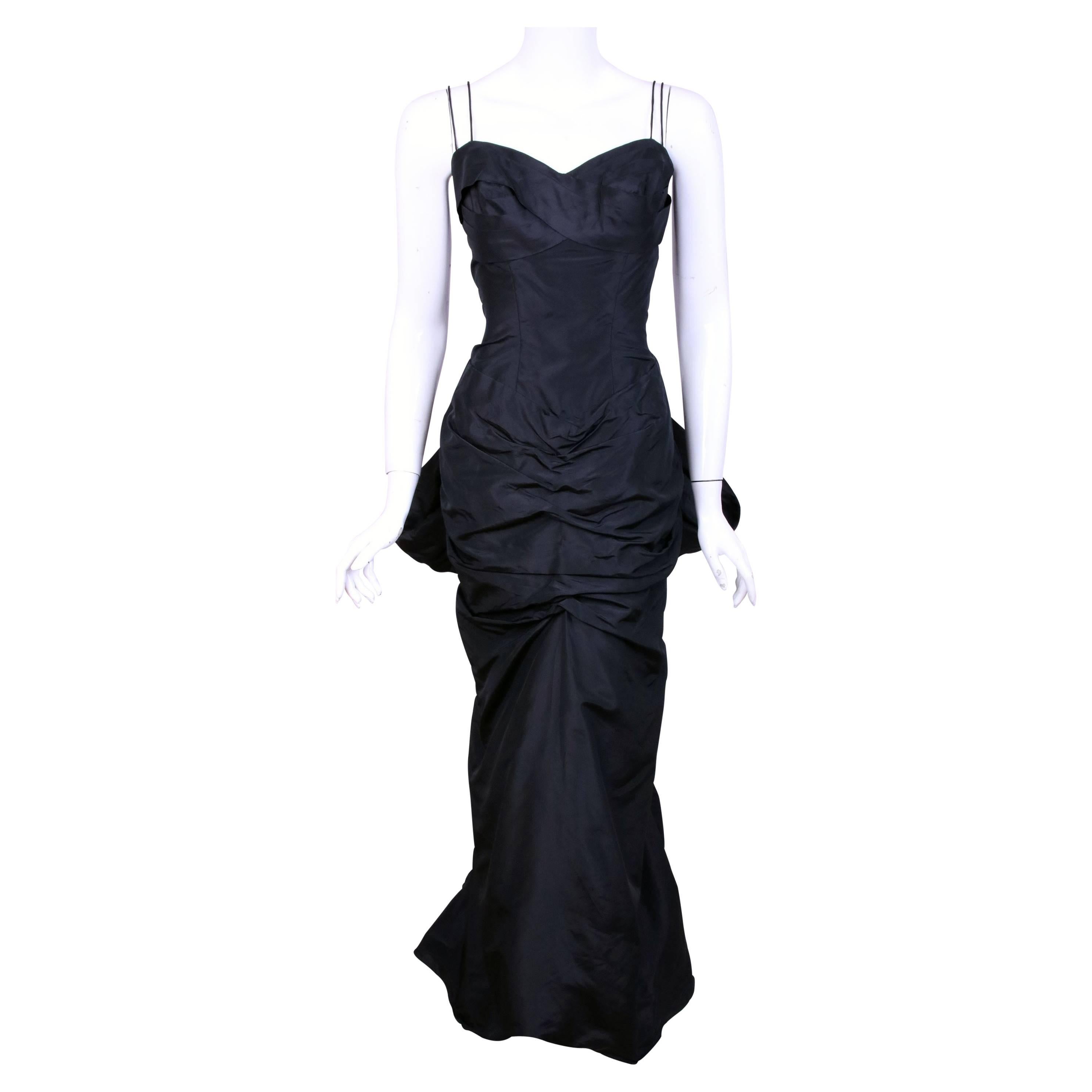Philip Hulitar Black Silk Taffeta Spaghetti Strap Evening Gown w/Bustle Back
