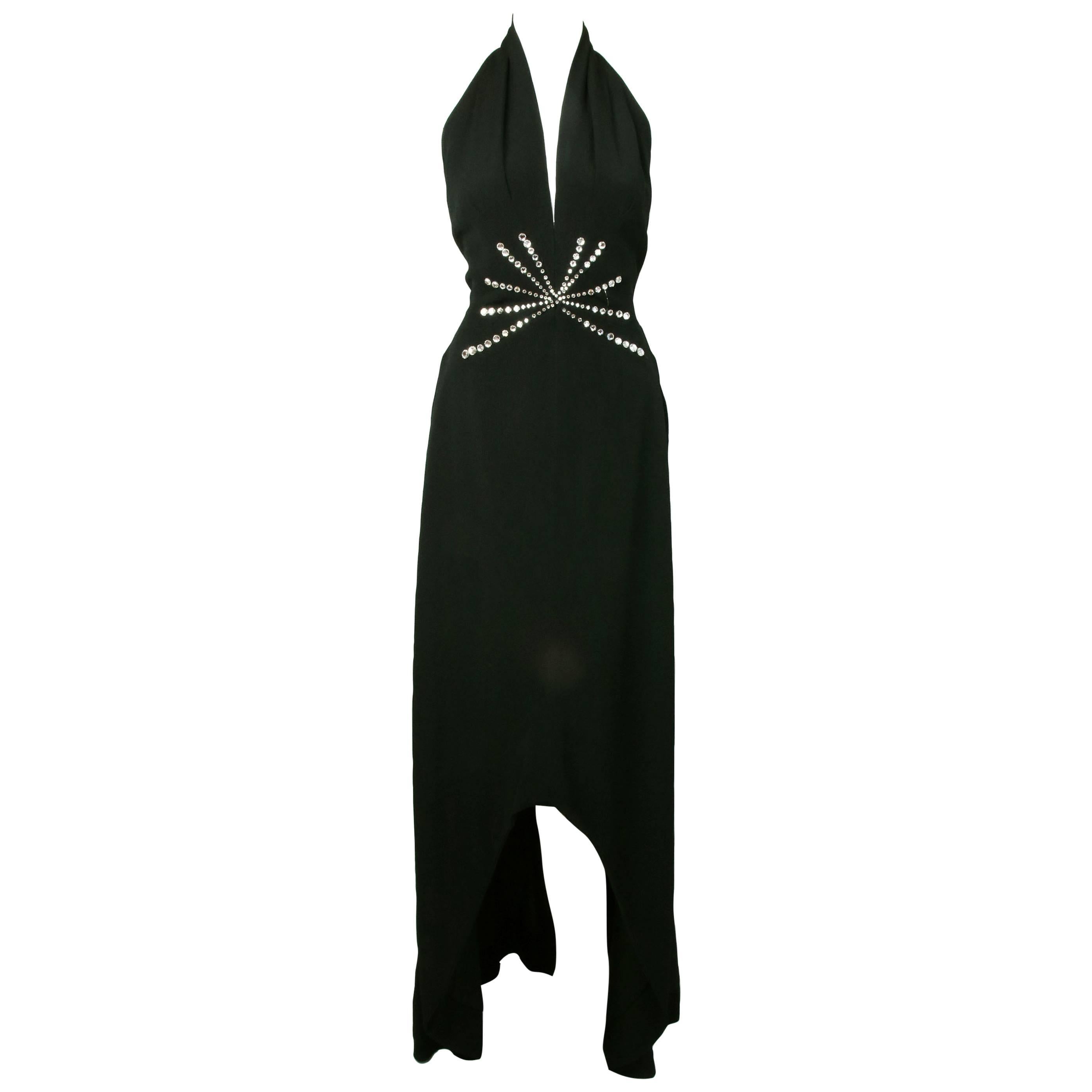 Pauline Trigere Black Halter Neck Evening Gown w/Waterfall Hem&Rhinestone Detail For Sale