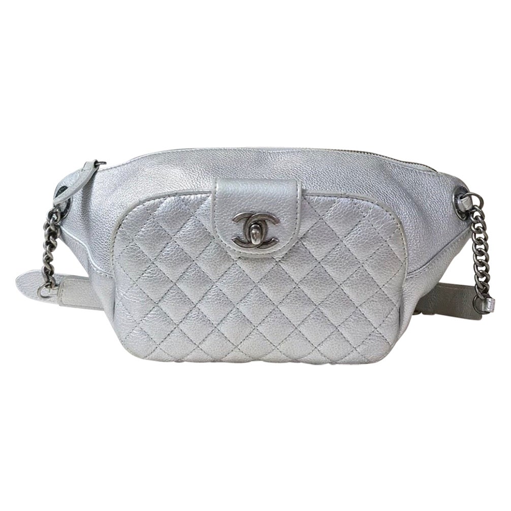 Chanel Silver Banane Quilted Leather Waist Bag