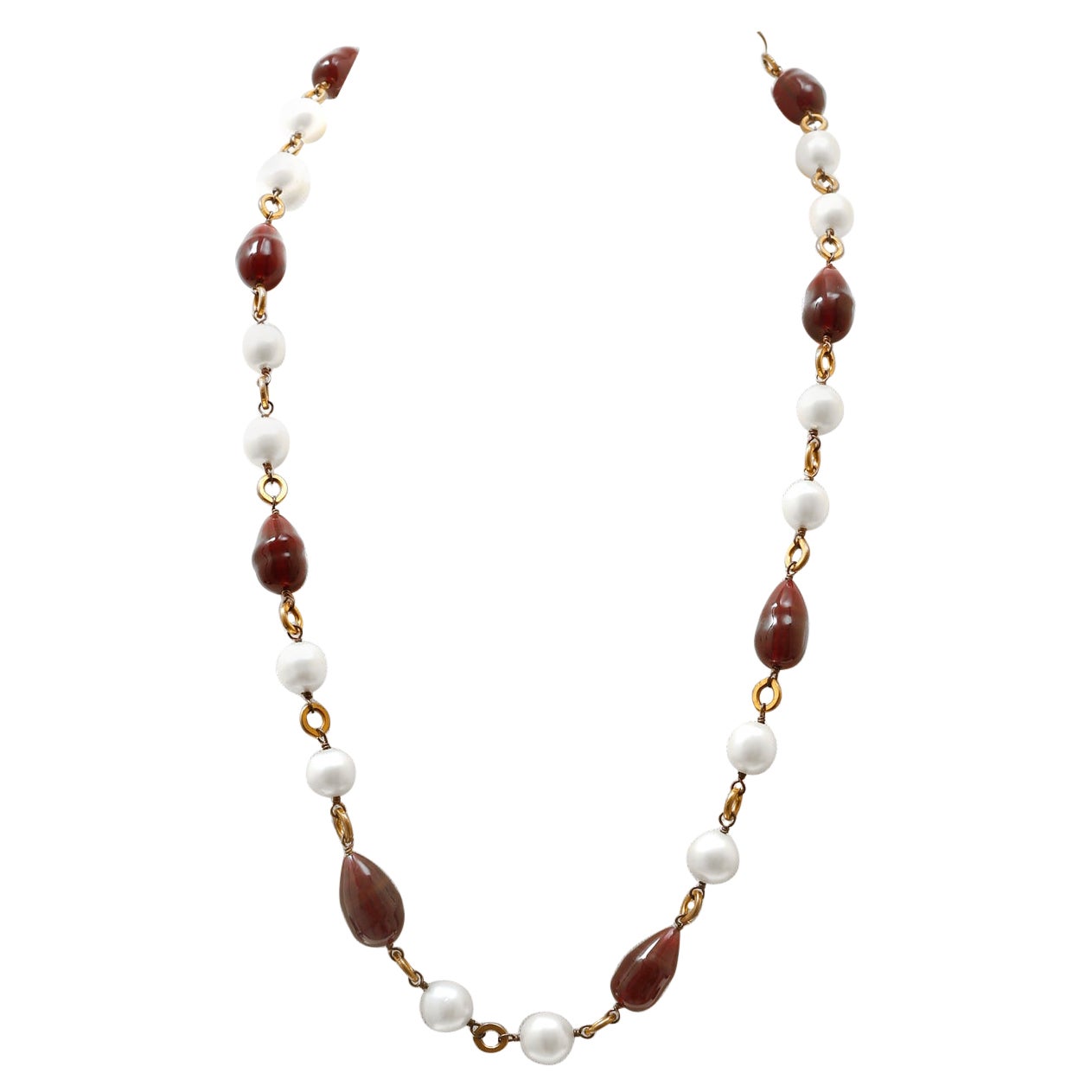 Chanel Red Gripoix Bead and Pearl Sautoir Vintage Necklace For Sale