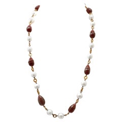 Chanel Red Gripoix Bead and Pearl Sautoir Vintage Necklace