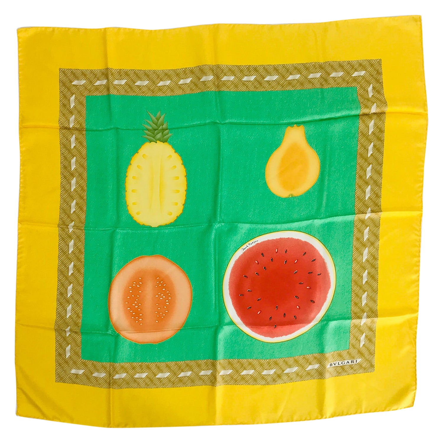 Bulgari Colourful Fruits Silk Scarf Designed by Davide Pizzigoni 34.5 x 34" For Sale