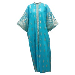 Vintage Macy's Aqua Blue & Silver Lamé Caftan Dress, 1960's