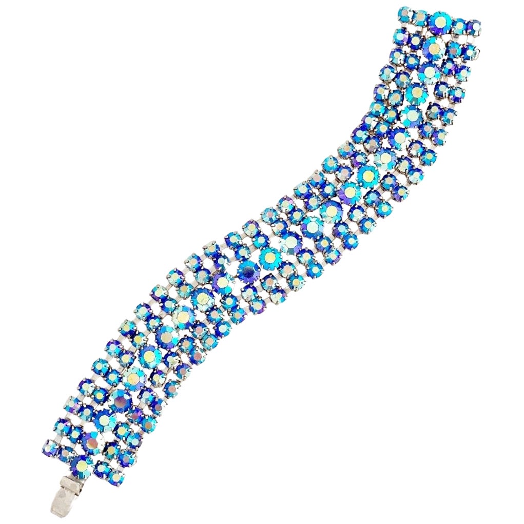 Blue Aurora Borealis Crystal Five Row Cocktail Bracelet, 1960s
