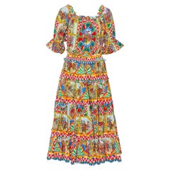 Dolce & Gabbana Multicolor Carreto Silicano Printed Cotton Tiered Midi Dress L