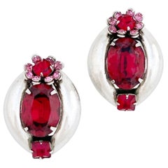 Silver Oval Statement Earrings With Ruby Red Crystals and Floral Motif, 1960s