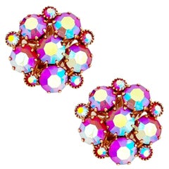 Vintage Pink Aurora Borealis Crystal Cluster Earrings By Weiss, 1960s