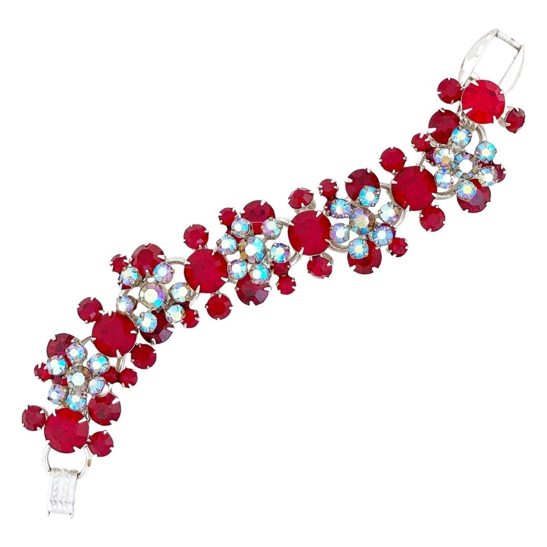 Crystal Juliana Five Link Bracelet With Floral Motif By DeLizza & Elster, 1960s