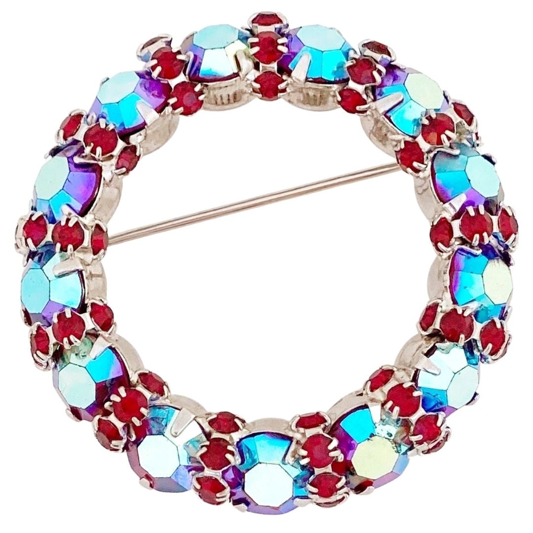 Ruby Red & Blue Aurora Borealis Crystal Wreath Brooch By Warner, 1960s For Sale