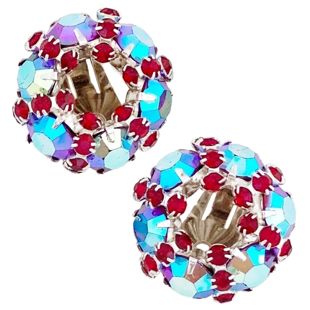 Ruby Red & Blue Aurora Borealis Crystal Wreath Earrings By Warner, 1960s For Sale