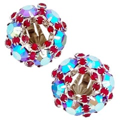 Vintage Ruby Red & Blue Aurora Borealis Crystal Wreath Earrings By Warner, 1960s