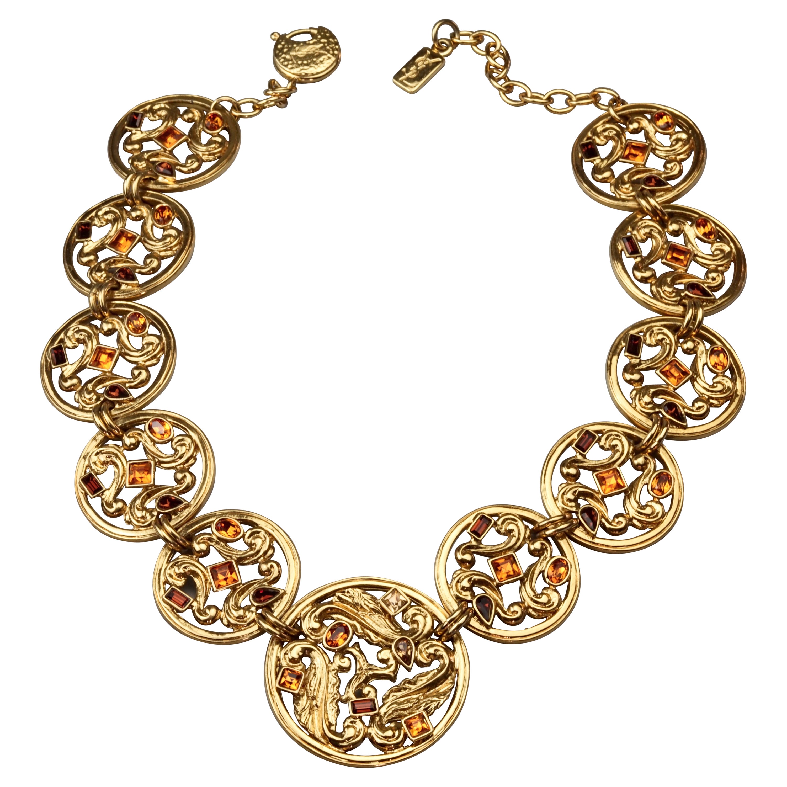 Vintage YVES SAINT LAURENT Ysl Jewelled Round Filigree Disc Necklace For Sale