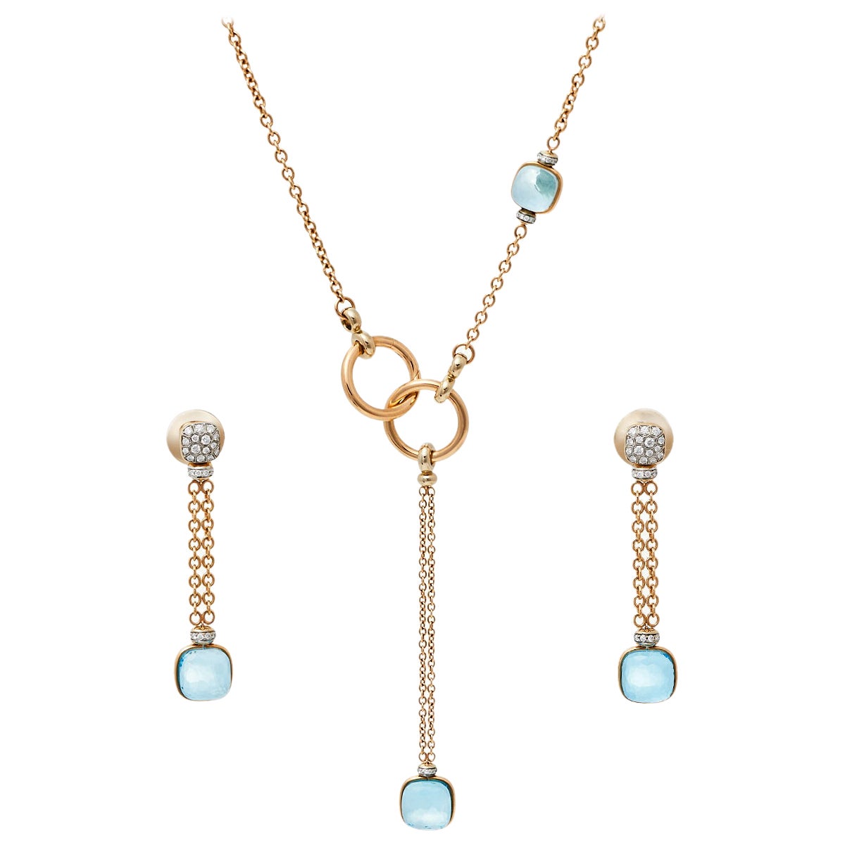 Pomellato Blue Topaz Diamond 18K Rose Gold Necklace and Long Earrings Set