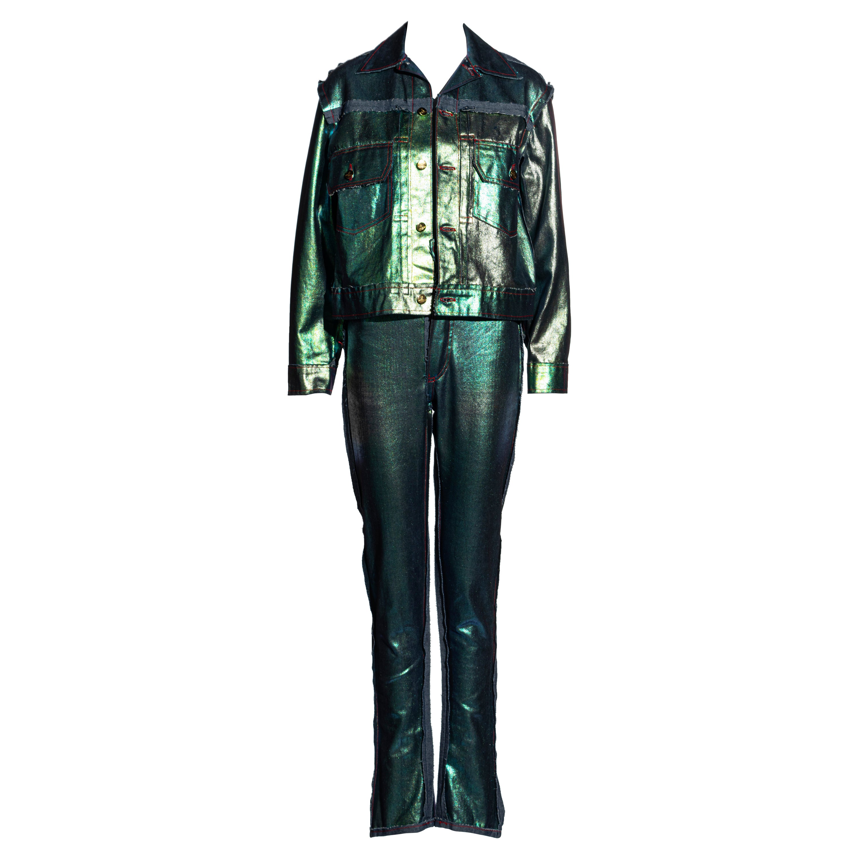 Vivienne Westwood metallic sea green denim jacket and pants set, ss 1993
