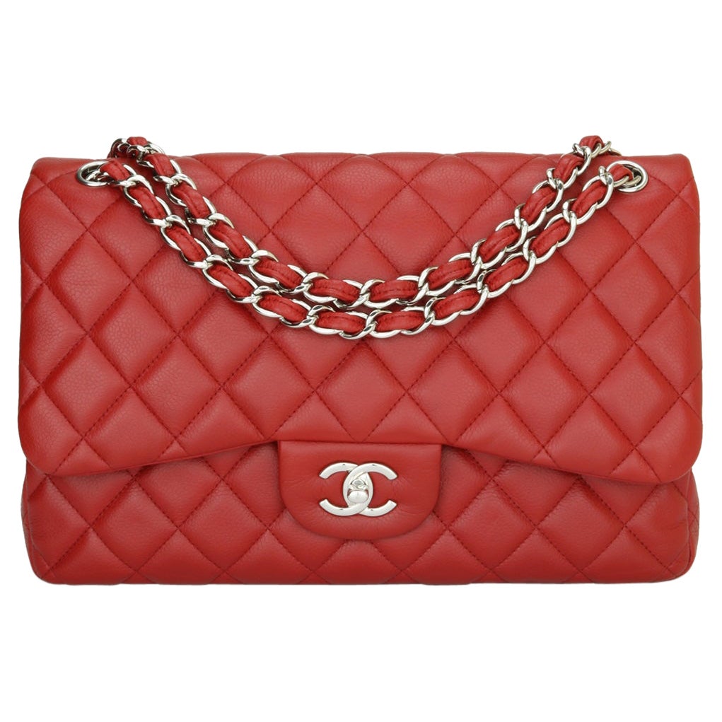 CHANEL Classic Double Flap Jumbo Bag Red Soft Caviar with Silver Hardware 2011