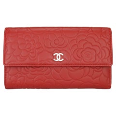 CHANEL Camellia Embossed Long Flap Wallet Red Lambskin with Silver Hardware 2012