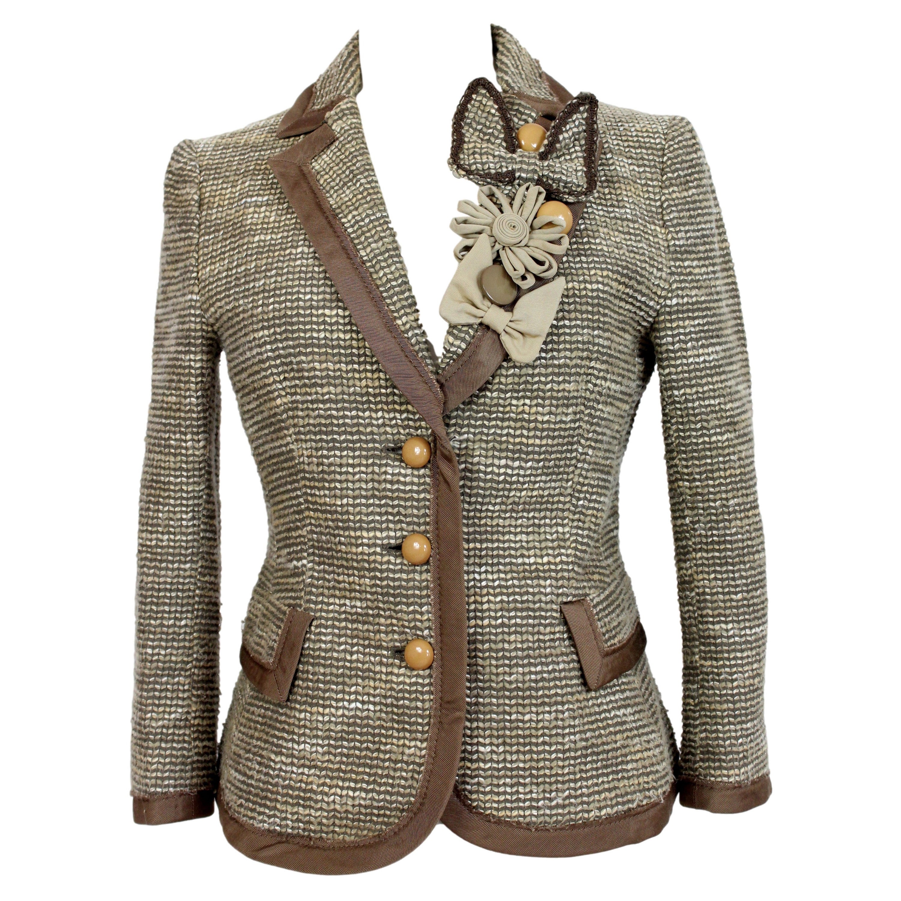 Moschino Beige Brown Cotton Flared Bow Jacket at 1stDibs