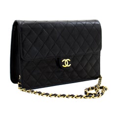 CHANEL Chain Shoulder Bag Black Clutch Flap Quilted Purse Lambskin