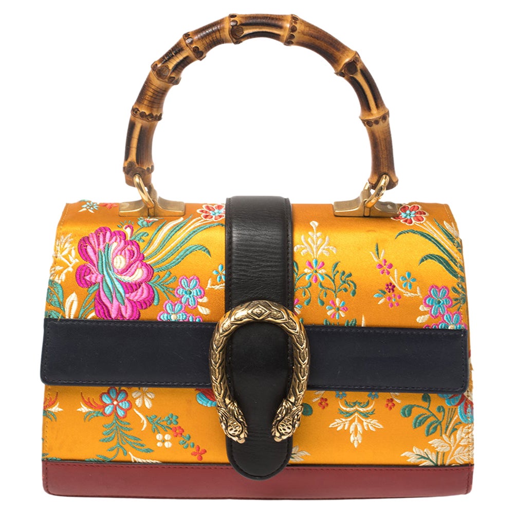 Gucci Multicolor Tokyo Embroidered Satin and Leather Medium Dionysus Bamboo Top 