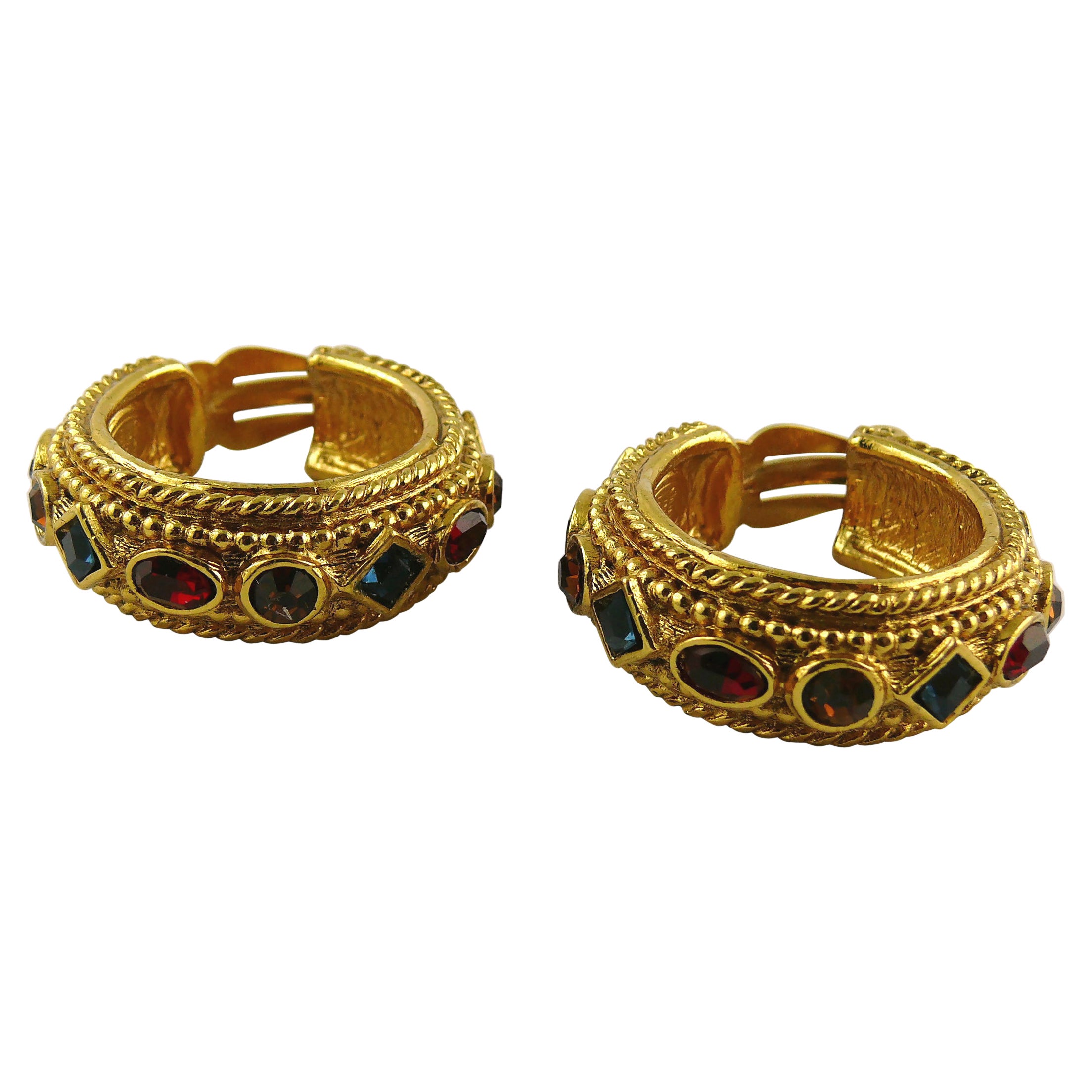 Christian Dior Vintage Byzantine Design Jewelled Gold Toned Hoop Earrings