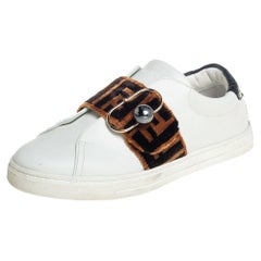 Fendi White/Brown Leather And Velvet Pearland Slip On Sneakers Size 36