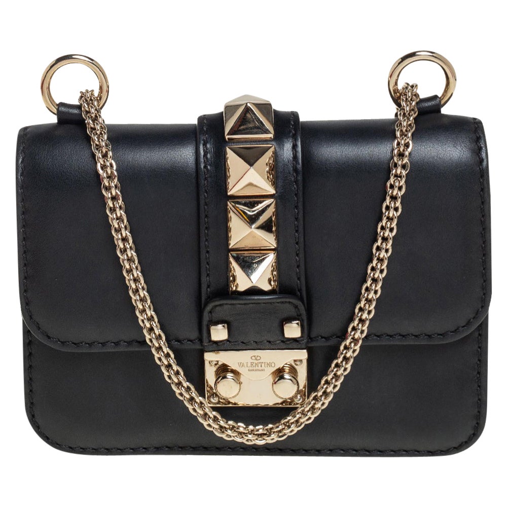 Valentino Black Leather Mini Rockstud Glam Lock Flap Bag