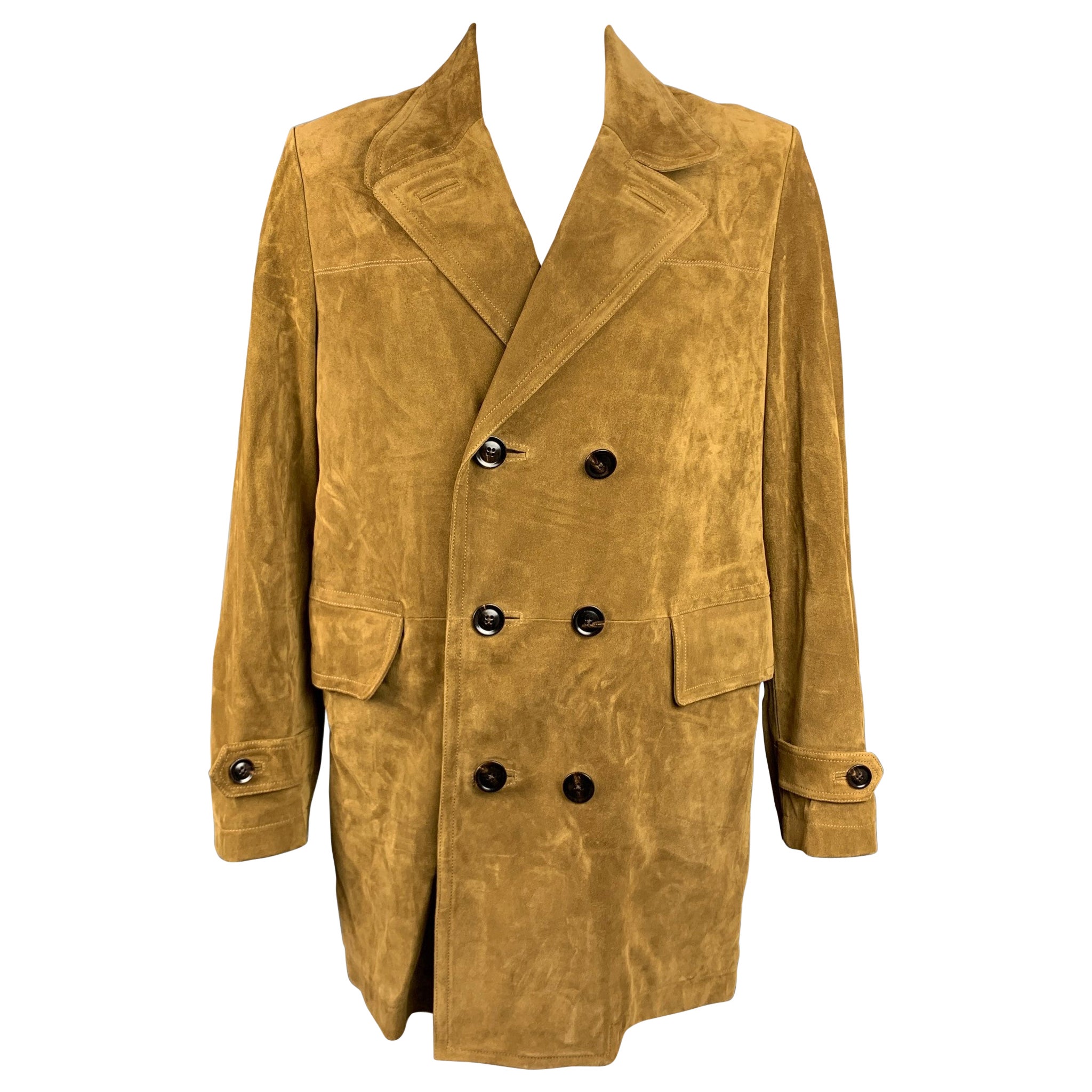 TOM FORD Size 48 Tan Textured Leather Double Breasted Coat