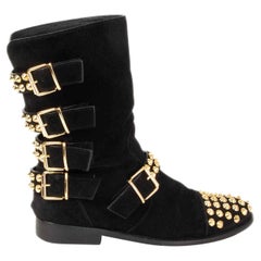 Used GIUSEPPE ZANOTTI black suede STUDDED BIKER Flat Boots Shoes 38