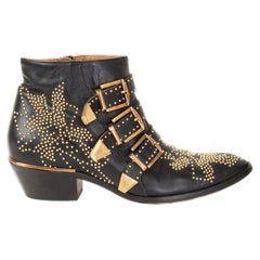 Used CHLOE black leather STUDDED SUSANNA Ankle Boots Shoes 37