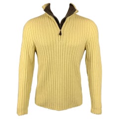 HERMES Size L Yellow Ribbed Knit Wool / Cashmere Half Zip Sweater