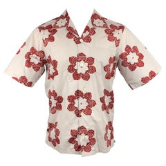 PRADA Size M Light Grey & Burgundy Floral Cotton Camp Short Sleeve Shirt