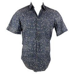 MARNI Size XS Navy & White Print Cotton Button Up Short Sleeve Shirt