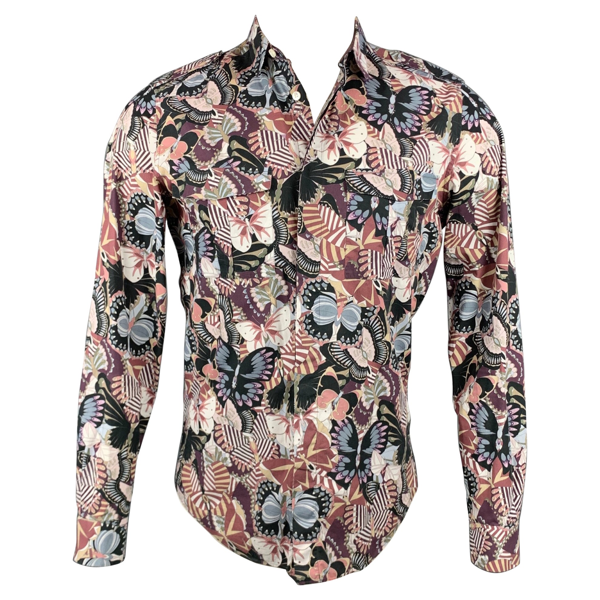 VALENTINO Size S Multi-Color Print Cotton Hidden Button Long Sleeve Shirt