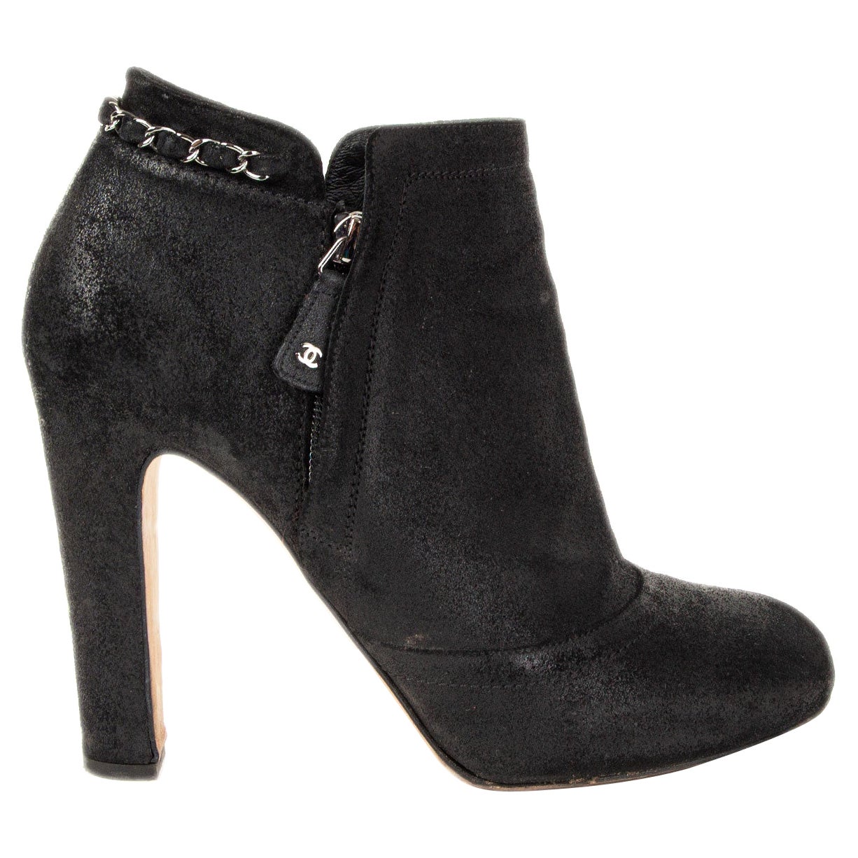 CHANEL black DISTRESSED suede CHAIN DETAIL Ankle Boots Shoes 40.5 For Sale