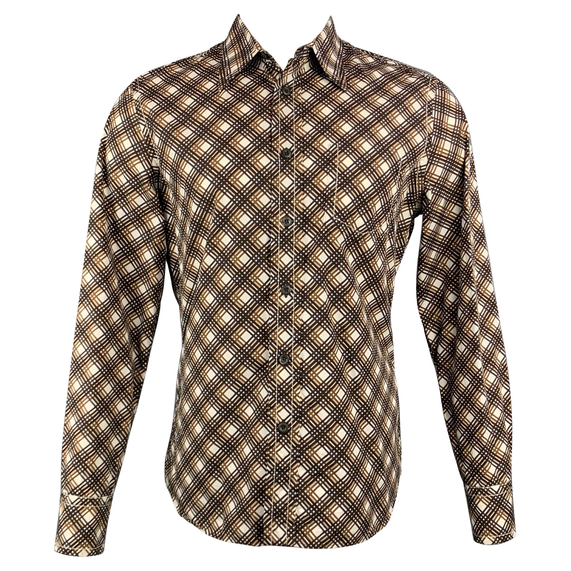 PRADA Size M Brown & White Plaid Cotton Button Up Long Sleeve Shirt