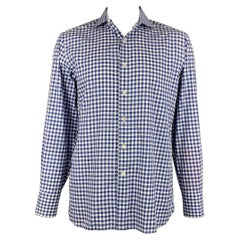 TOM FORD Size XL Blue & White Checkered Cotton Button Up Long Sleeve Shirt