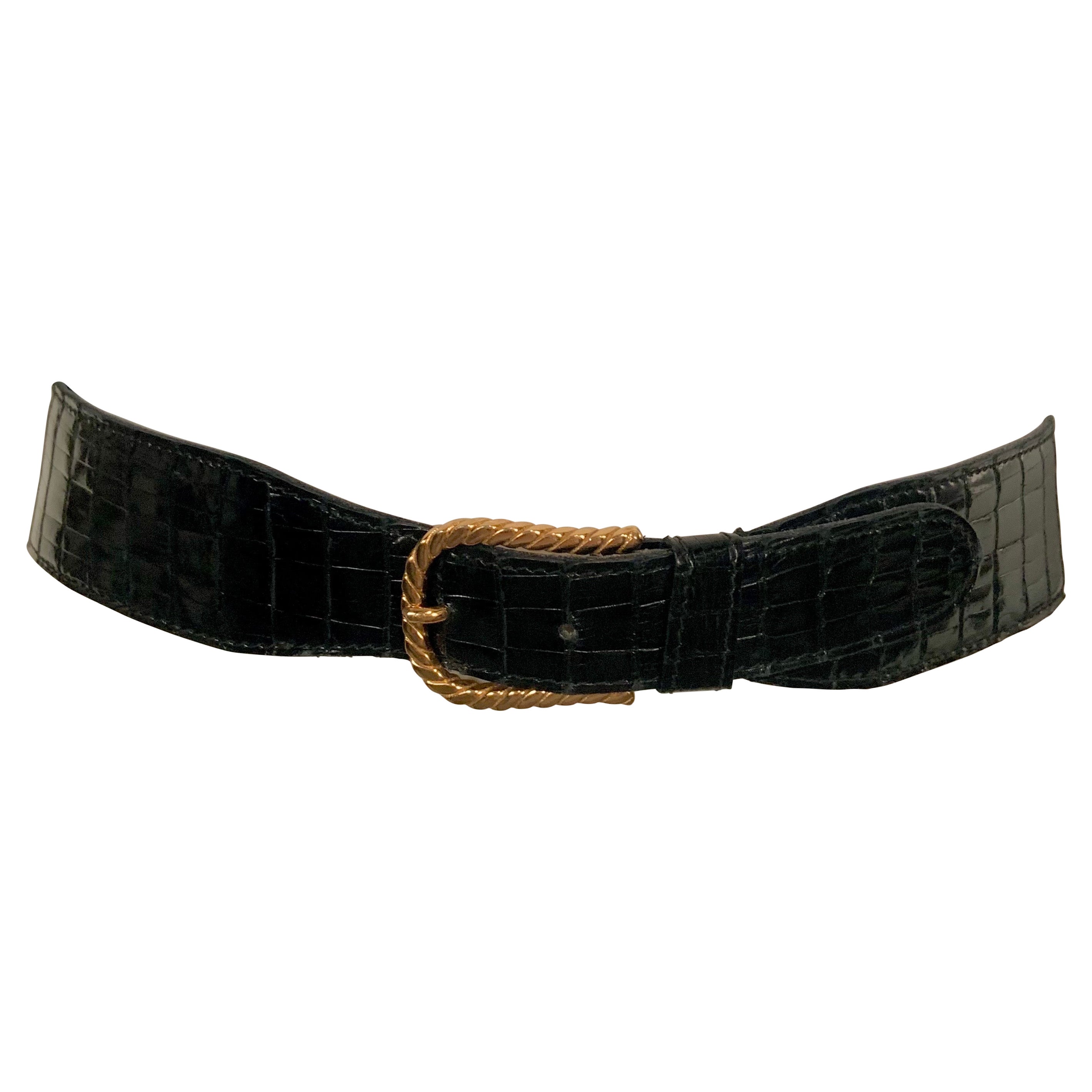 Gucci Vintage Black Alligator Belt Gold Toned Rope Twist Buckle  For Sale