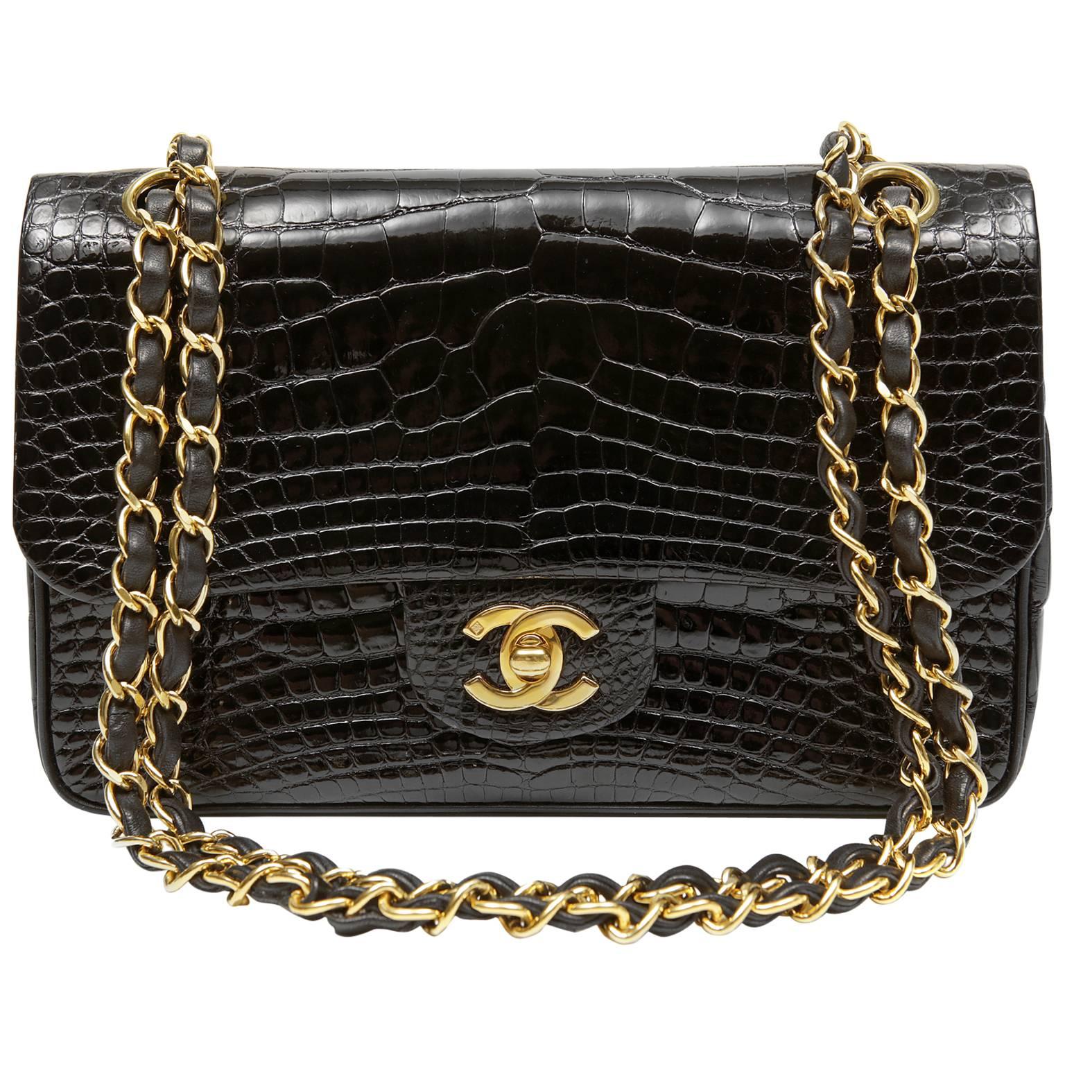 Chanel Black Crocodile Double Flap Classic with Gold For Sale