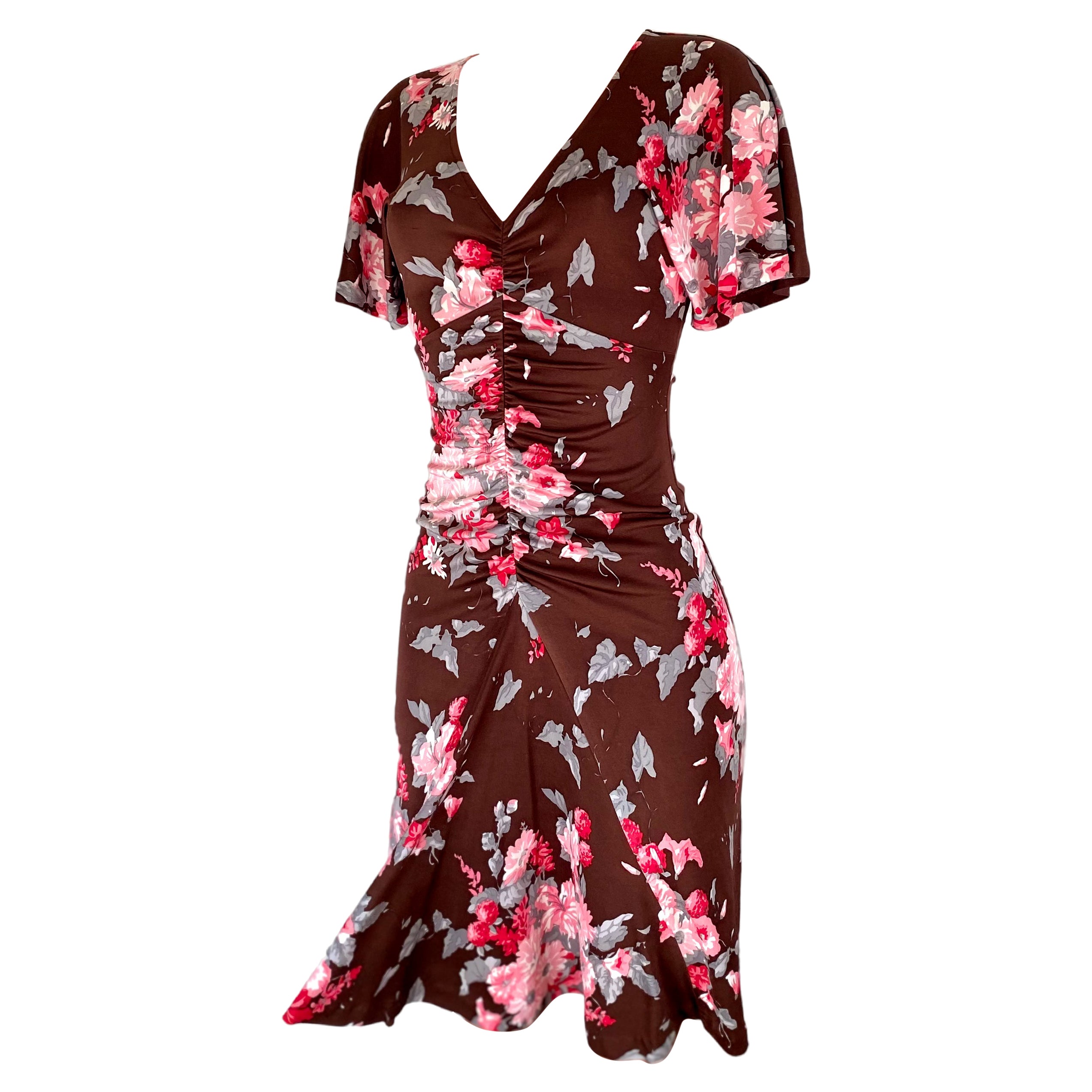 FLORA KUNG chocolate brown pink floral silk dress For Sale