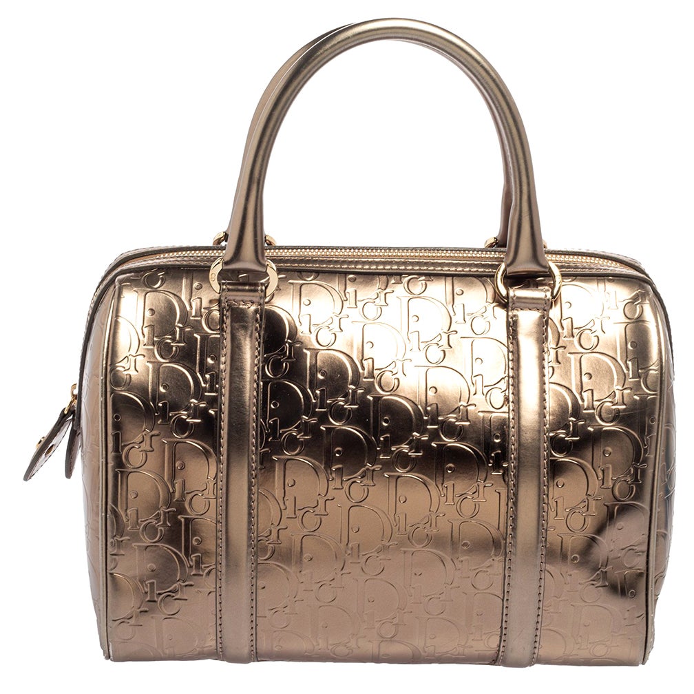 Christian Dior Metallic Oblique Embossed Leather Boston Bag