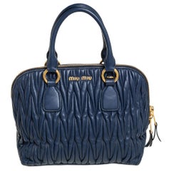 Used Miu Miu Blue Matelassé Leather Top Zip Satchel