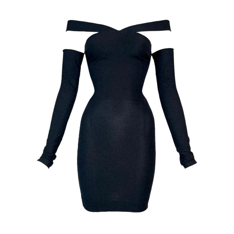 S/S 1991 Dolce and Gabbana Runway Black Bodycon Off Shoulder Mini Dress ...