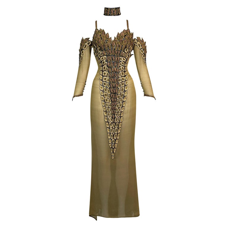F/W 1992 Chanel Haute Couture Attributed Sheer Gold Choker High Slits Dress  For Sale at 1stDibs | 1992 chanel dress, haute couture dresses, chanel  chain dress 1992 price