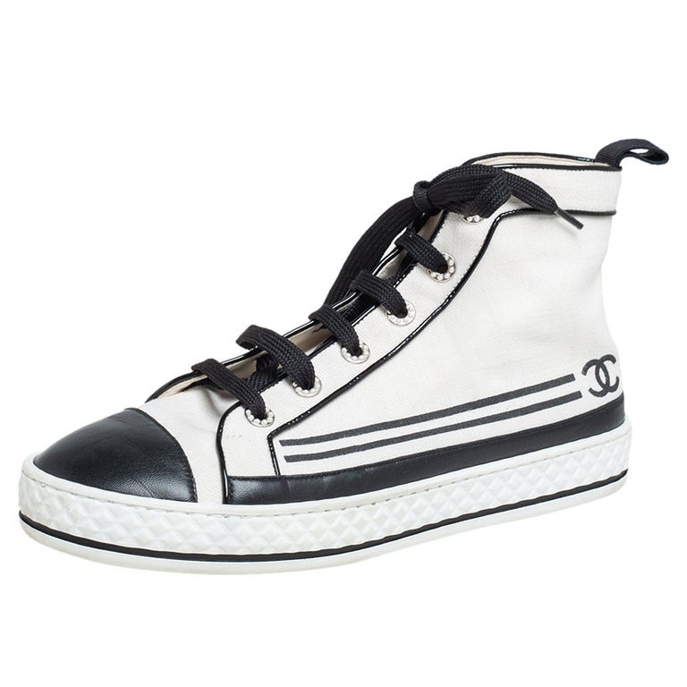 CHANEL White and Navy Peep-Toe Logo Canvas Platform Sneakers/ Shoe Boots  Sz. 40 at 1stDibs