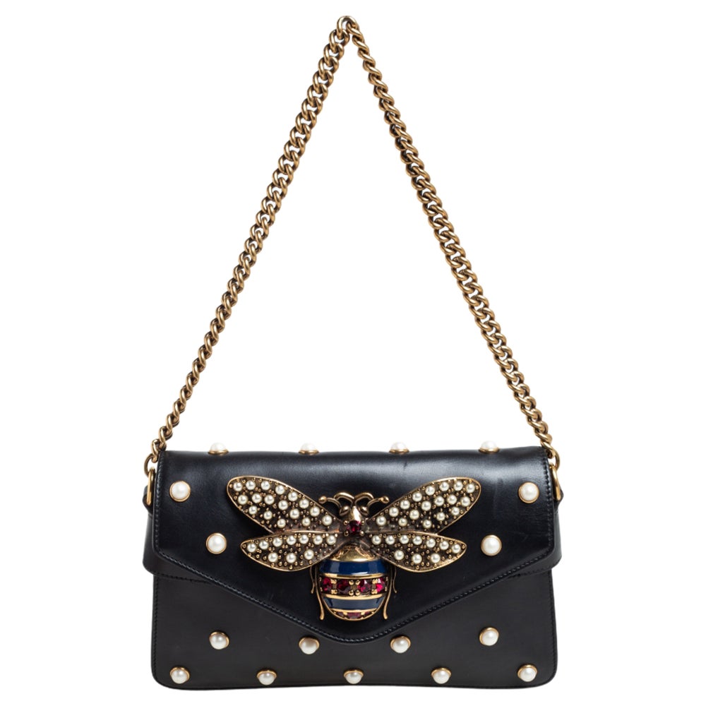 Gucci Black Leather Broadway Pearly Bee Shoulder Bag