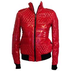 Chanel Red Shiny Quilted Bomber Jacket